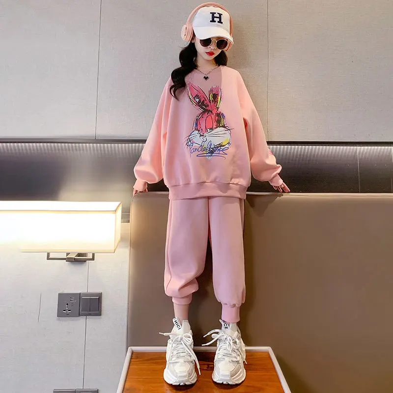 

8 10 years Girls Cartoon Rabbit Sweatshirt Clothes Set 2023 Spring Fall 2 pieces Sweet Casual Teenage Girl Outfits