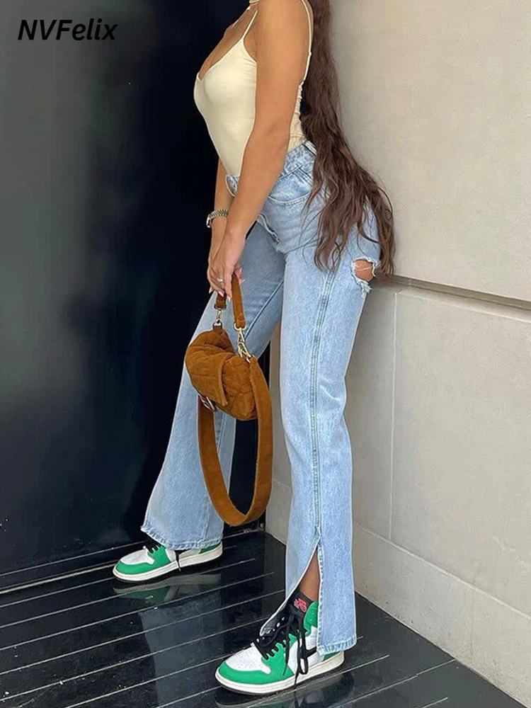 

Женские рваные джинсы с прямыми штанинами, модные повседневные джинсы с широкими штанинами для мам, джинсы с разрезом, синие свободные брюк...