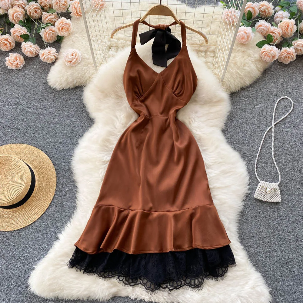 

Women New Fashion Summer Hanging Neck Sleeveless Slim Ruffled Short Dress Korean Clothing Vestido De Mujer D794