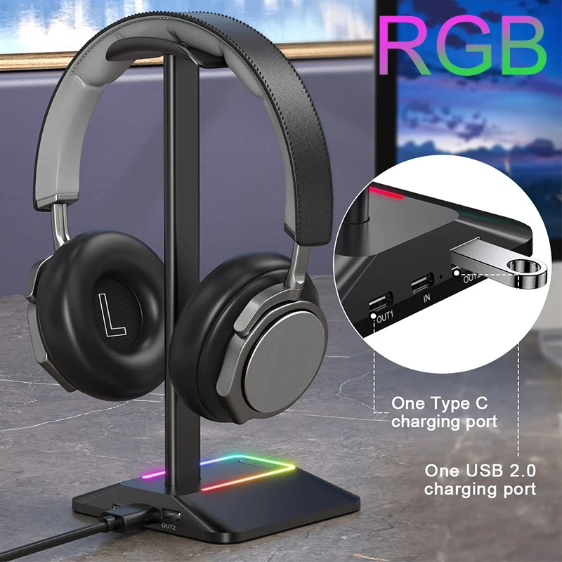 Подставка для наушников с RGB-подсветкой и USB-портами Type-C