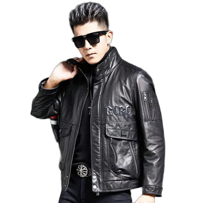 Мужская куртка из натуральной кожи байкерская мотоциклетная одежда короткий