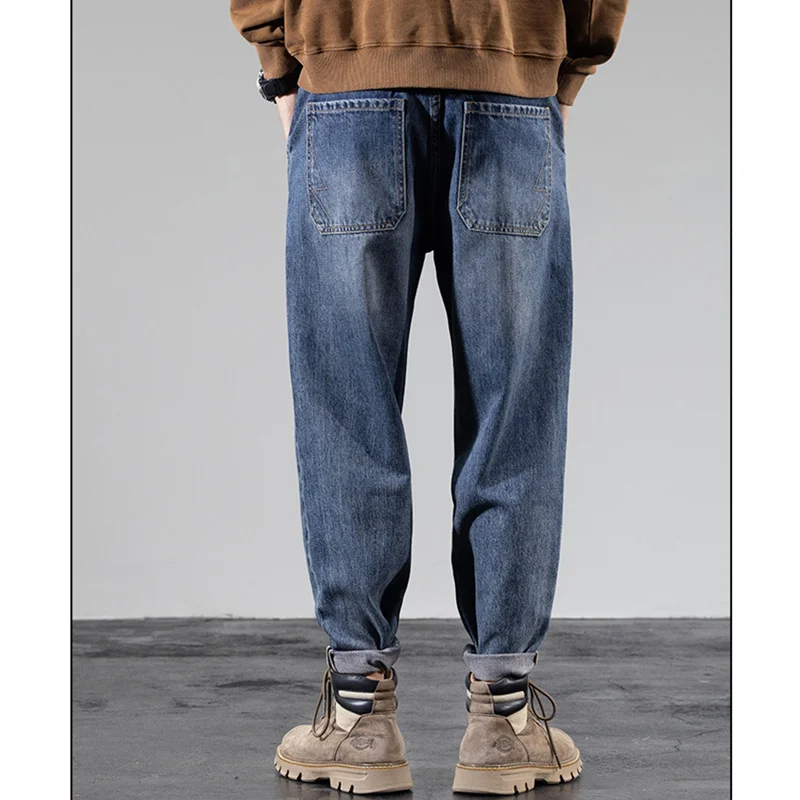 Streetwear Men New Pattern Vintage Recreational Blue Thick Style Jeans Loose Broad Leg Straight Cylinder Trousers Autumn Female