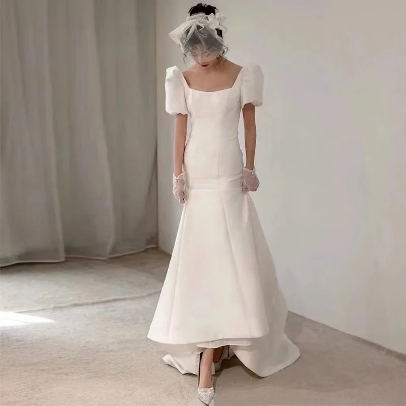 

evening dress French Photography Wedding Dress Spring Satin White Palace Style Slim Fit Bridal Travel Photo Simple Tug Dress
