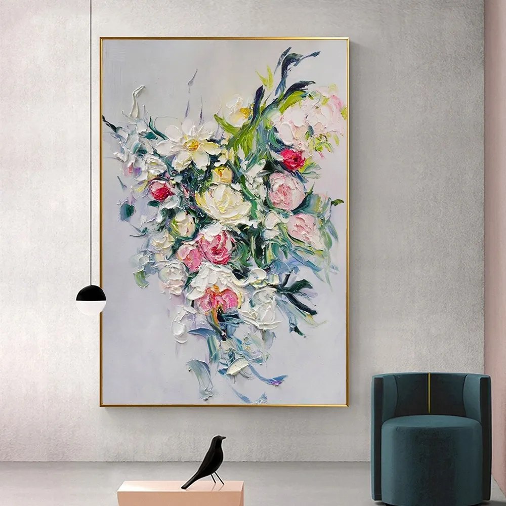

White Pink Rose Flower oil painting on canvas Decorative Mural Unframe Acrylic Hanging For Living Room Bedroom Wall Art