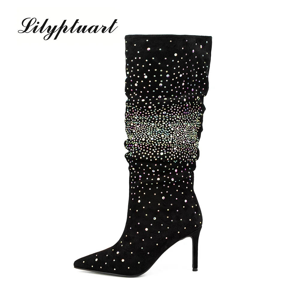 Diamond Medium Sleeve Women's Fashion Knee Length Boots Pointed Toe Stiletto Heels Autumn Crystal Loom Pleated Boots Large 45