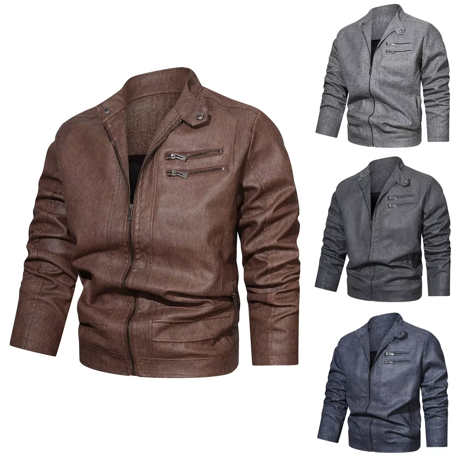 

Новинка, мужская осенне-зимняя однотонная кожаная куртка, теплое пальто, куртка с воротником-стойкой, кожаная куртка с длинным рукавом для ж...