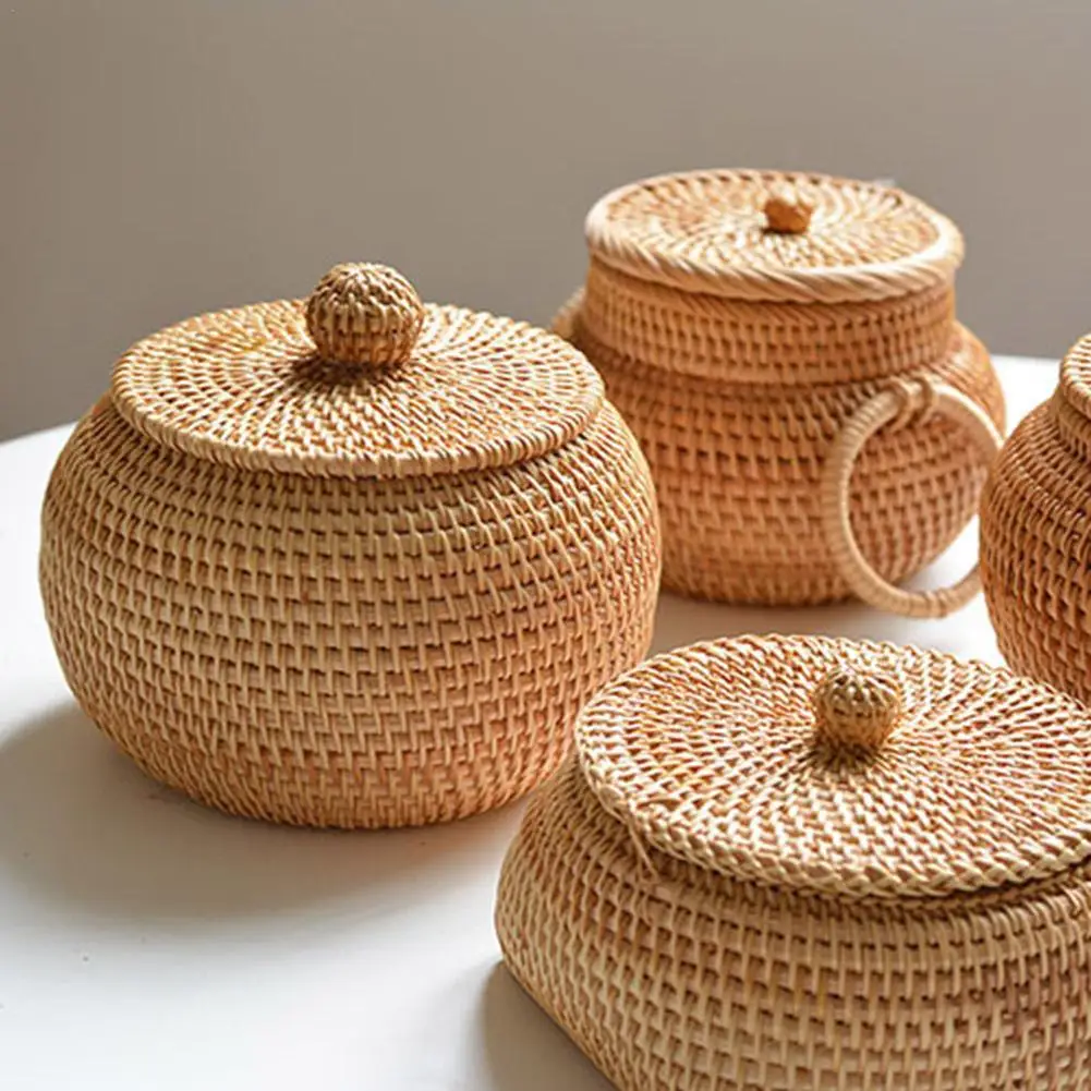 

Round Rattan Box With Lid Hand-Woven Multi-Purpose Storage Desktop Storage Tray Food Basket Decoration Box Bread Wicker Pic L4R9