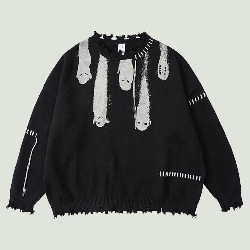 

Hip Hop Knitted Sweaters Men Harajuku Vintage Hole Ghost Graphic Jumpers Streetwear Punk Casual Oversized O-Neck Pullover Unisex