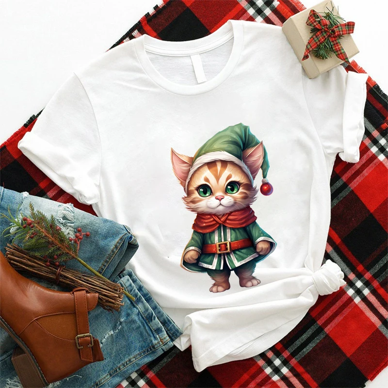 Женские футболки с милым принтом кота вечерние рождественскими шапками подарок