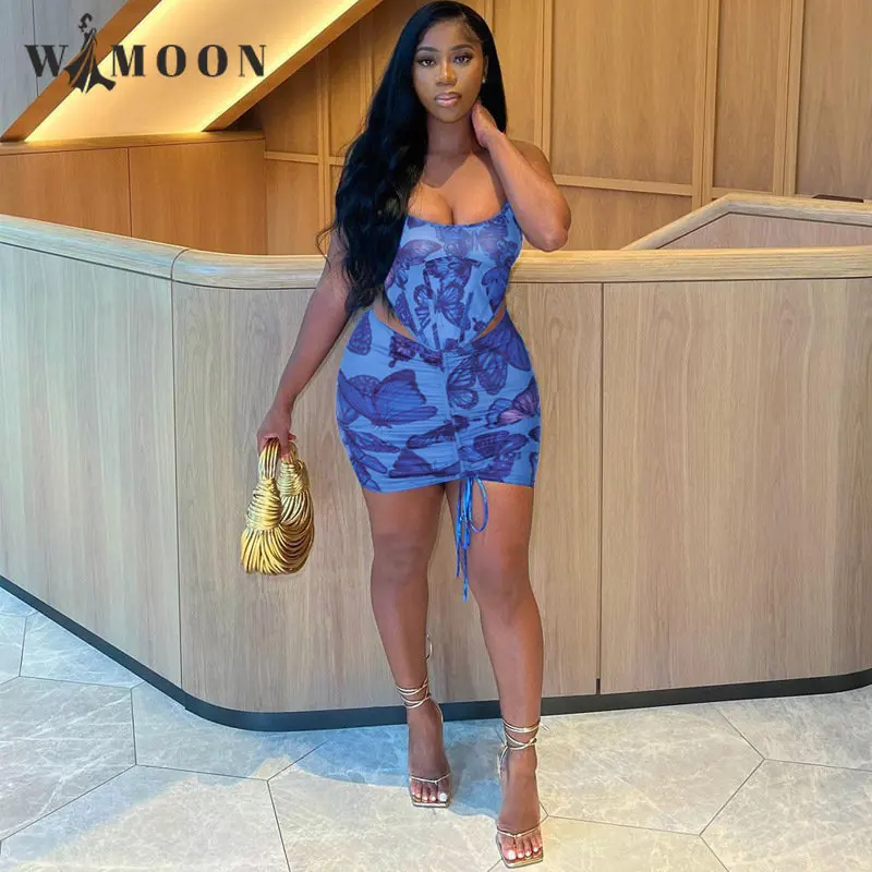 

Blue Butterfly Print Backless Strap Top Slim Fit Drawstring Skirt Set 2023 Summer Sexy Casual Streetwear 2 Pieces Suit Outfits