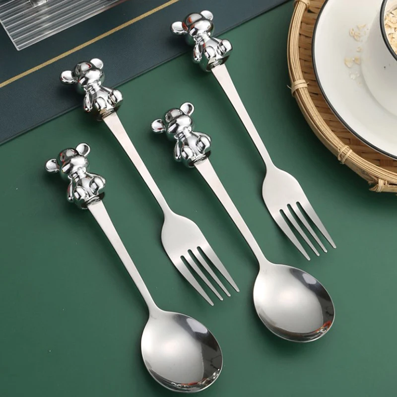 

1Pcs Children Stainless Steel Cutlery Dinnerware Cute Cartoon Bear Tableware Dining Western Spoon Fork Knife Kitchen Utensils