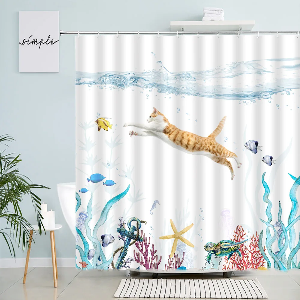 Nordic Cartoon Shower Curtains Underwater Fish Coral Sea Turtle Swimming Cat Creative Children Bathroom Decor Bath Curtain Hooks