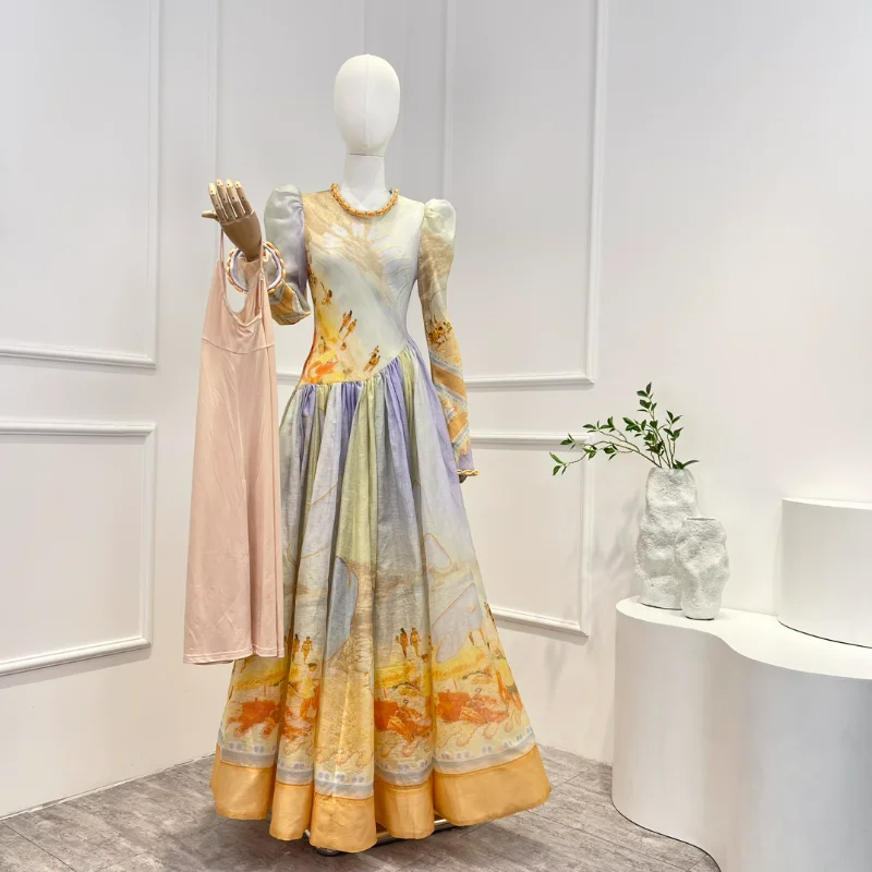 

Женское винтажное платье из шелка и льна, многоцветное платье макси из высококачественного шелка и льна с длинными расклешенными рукавами, новинка весны-лета 2023