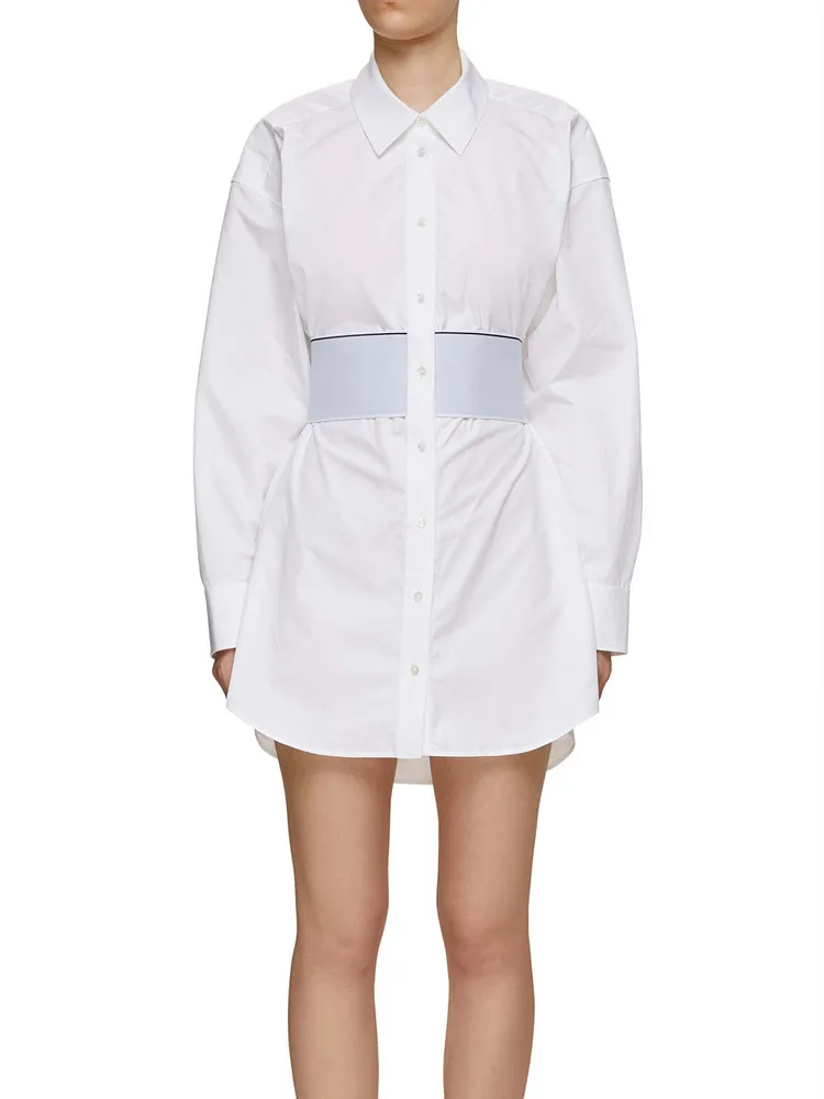 Women's Mini Dress Elastic Logo Belt Long Sleeve Office Lady Shirt Robe
