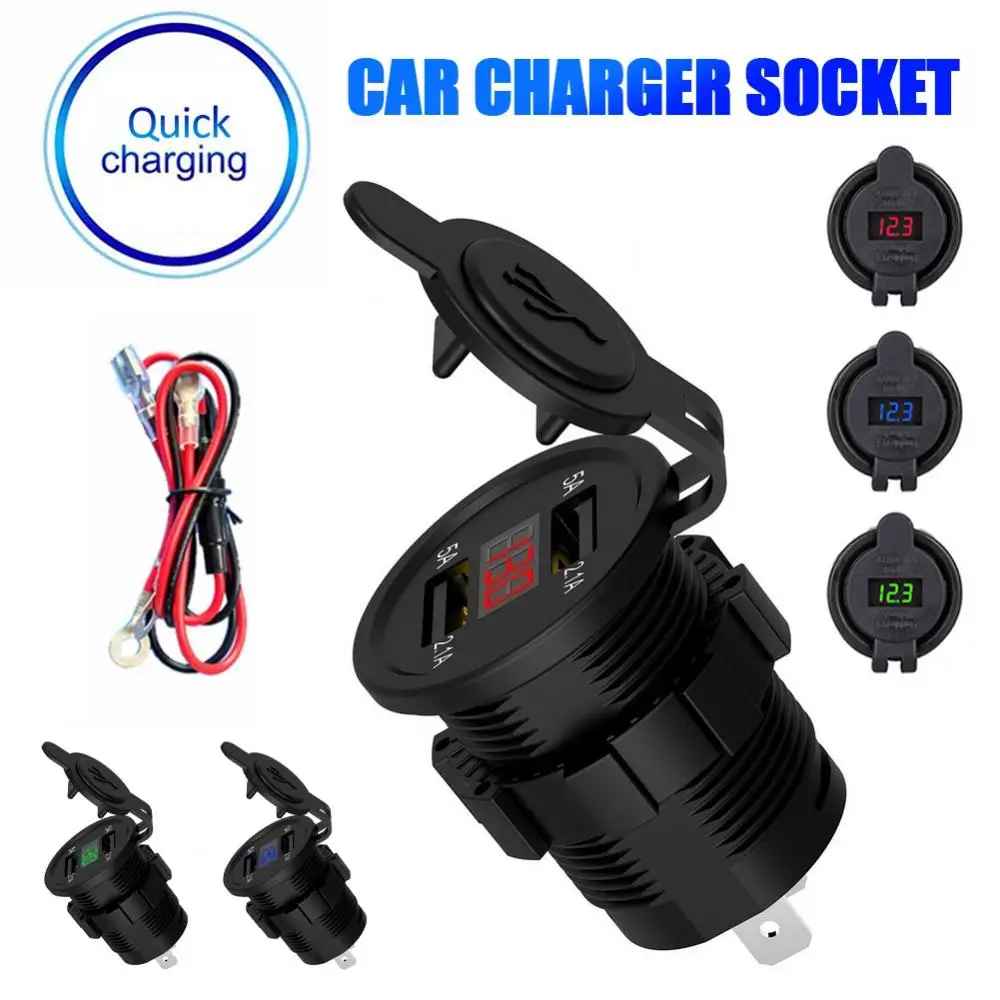 

12V USB Outlet Dual USB Car Charger Waterproof Cigarette Lighter Socket LED Display With Dust Cover Power Socket Car Motorcycle