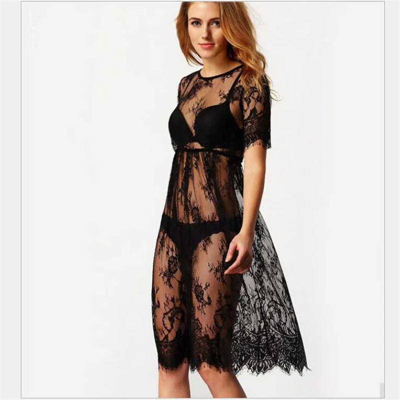 

Lace Dress Casual Long Black Short Sleeve Vestidos O-Neck See Through Beach Wear Sexy Women Dress Clothing Loose Beach Dress