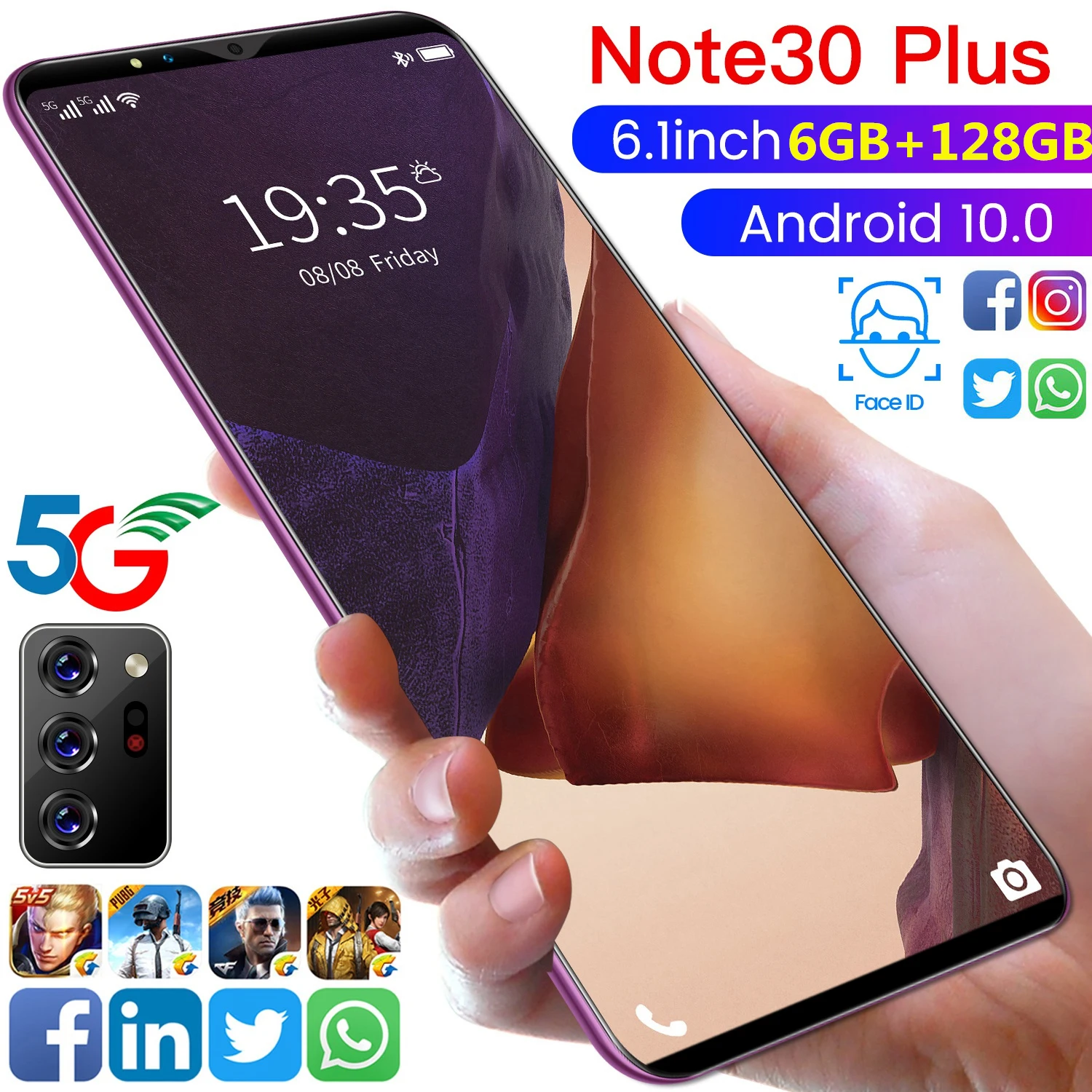 Новинка 2022 5 5-дюймовый смартфон Note30 Plus 5G 6 1 мАч полноэкранный Android + 4800 ГБ 13 24 МП
