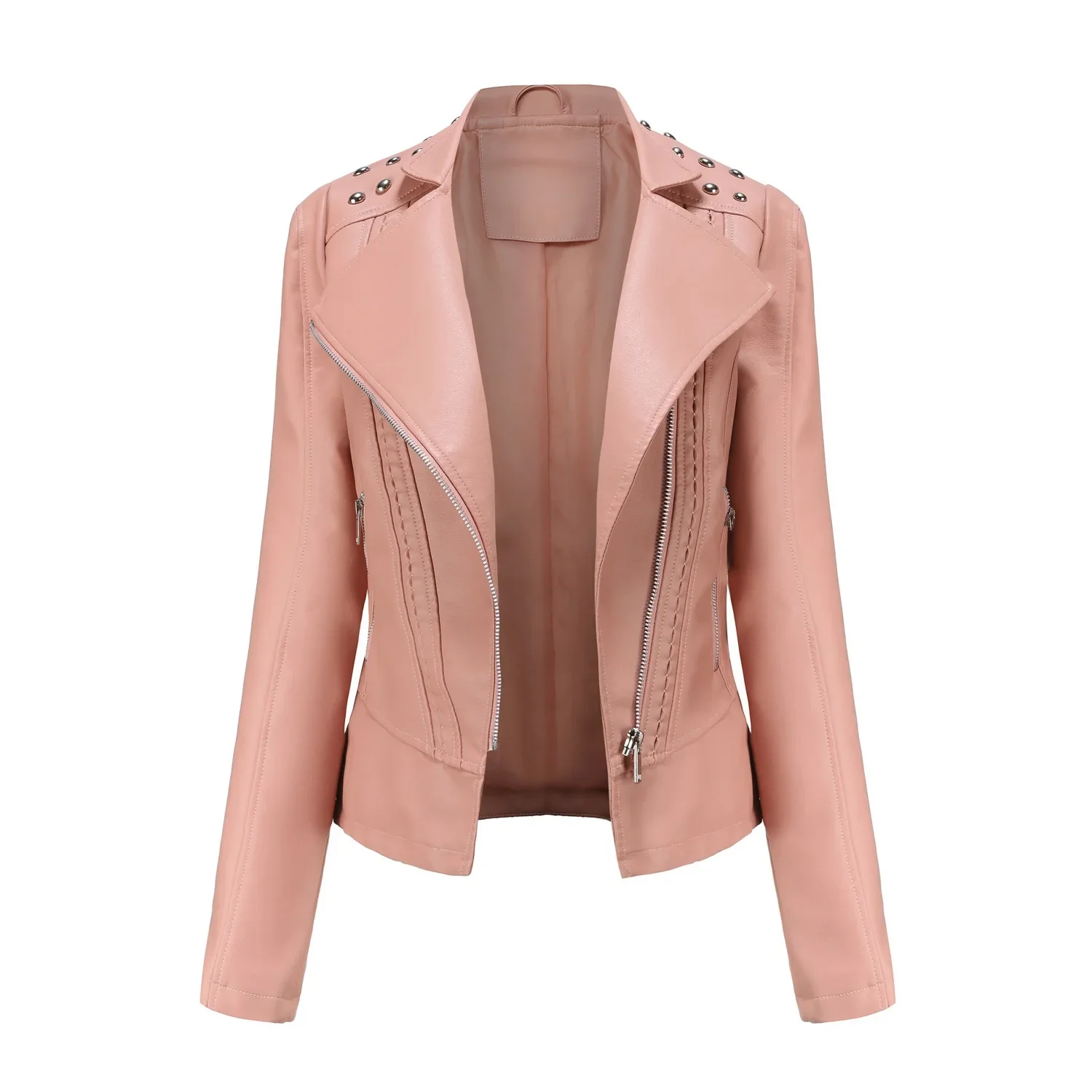

2023 New Fashion Women Faux Leather Jacket Spring Autumn Zipper Casual Pu Coat Female Moto Biker Rivet Outerwear Ladies Clothes