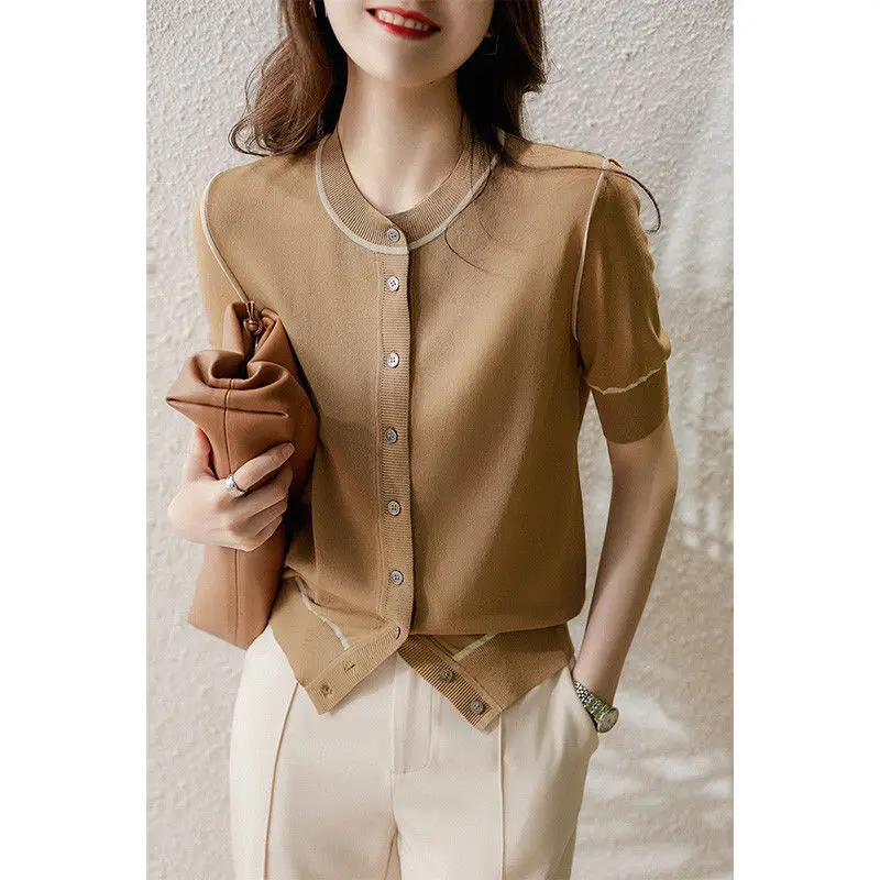 

Khaki Slim Fit Women's Clothes European Goods 2022 Spring And Summer Double Curved Yarn Round Neck Ice Silk Knitted Cardigan