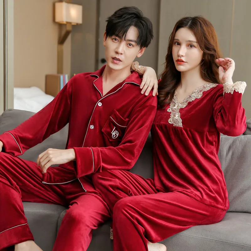 

QUHENG Couple Set Solid Color Sleepwear Coral Fleece Pajamas Long Button Down Pyjamas Suit Men Loungewear Plus Size Pijama Women