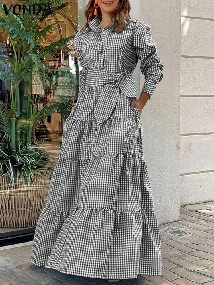 

VONDA 2023 Summer Bohemian Plaid Shirt Dress Women Long Sleeve Party Dresses Casual Lapel Button Vintage Belted Pockets Sundress