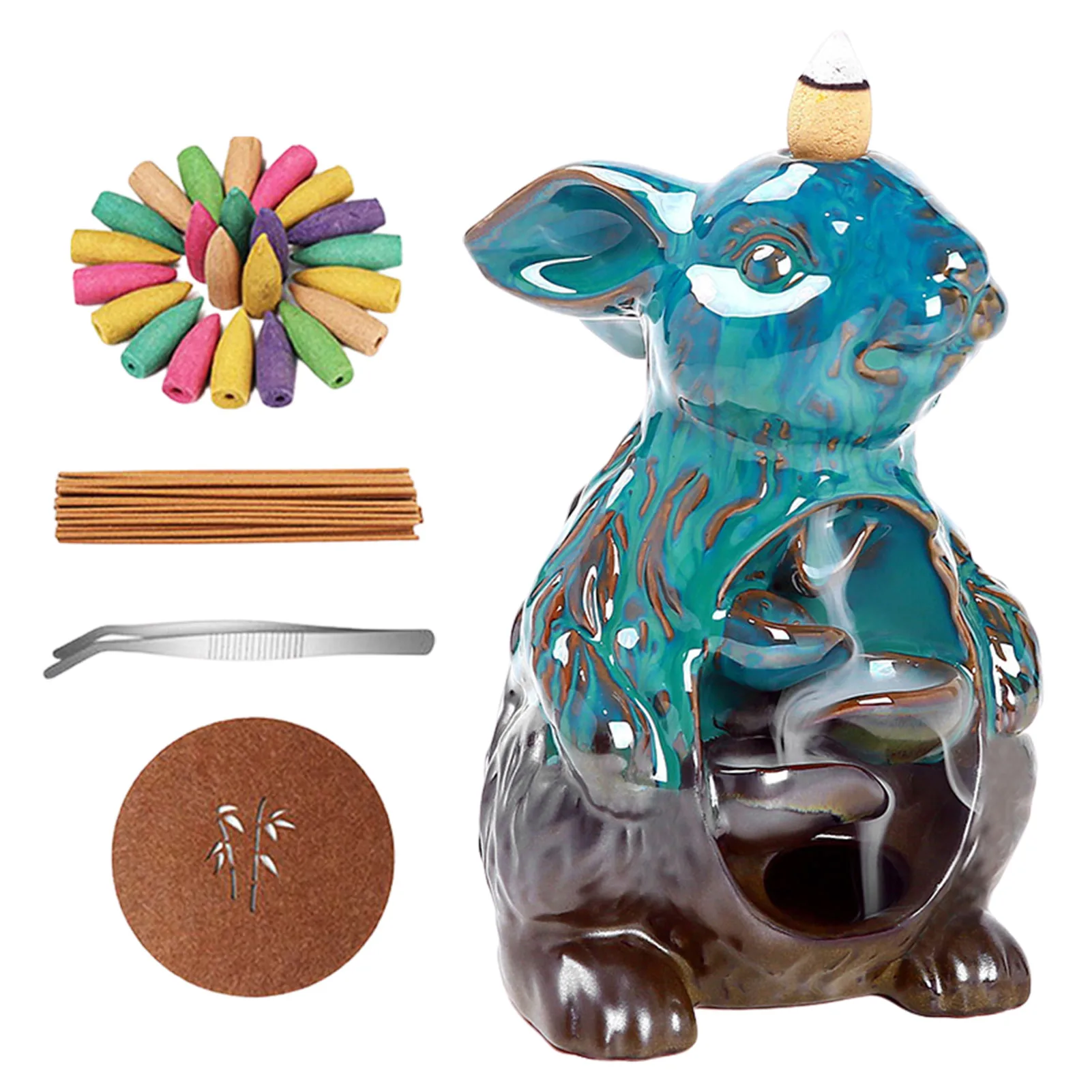 

Ceramic Waterfall Incense Burner Backflow Incense Holder With 20 Incense Cones & 30 Incense Sticks Unique Rabbit Shape Decor For