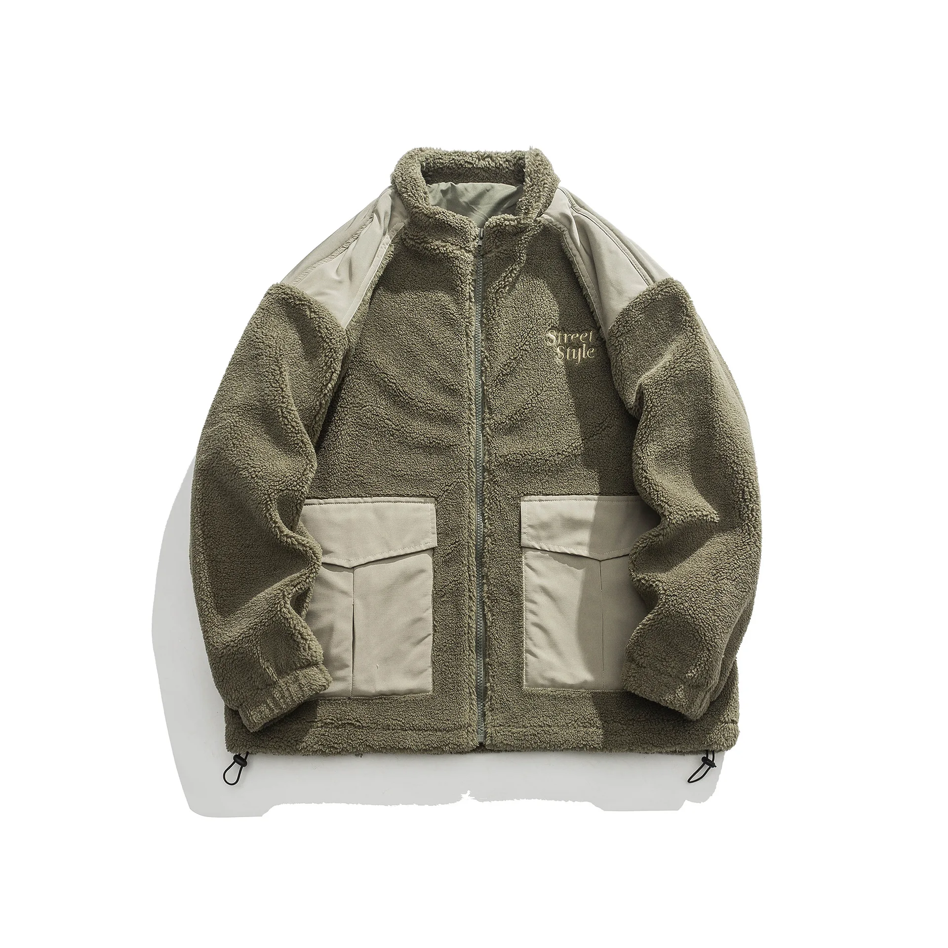 LUCLESAM Men's Stand Collar Lamb Wool Cotton Coats Stitching Contrast Color Pockets Autumn/Winter New Retro Casual Down Jacket