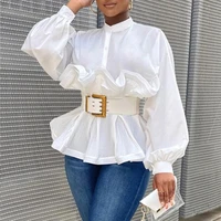 women blouse autumn 2021 new falbala patchwork long sleeve solid color stand collar slim metal belt office lady fashion blouses