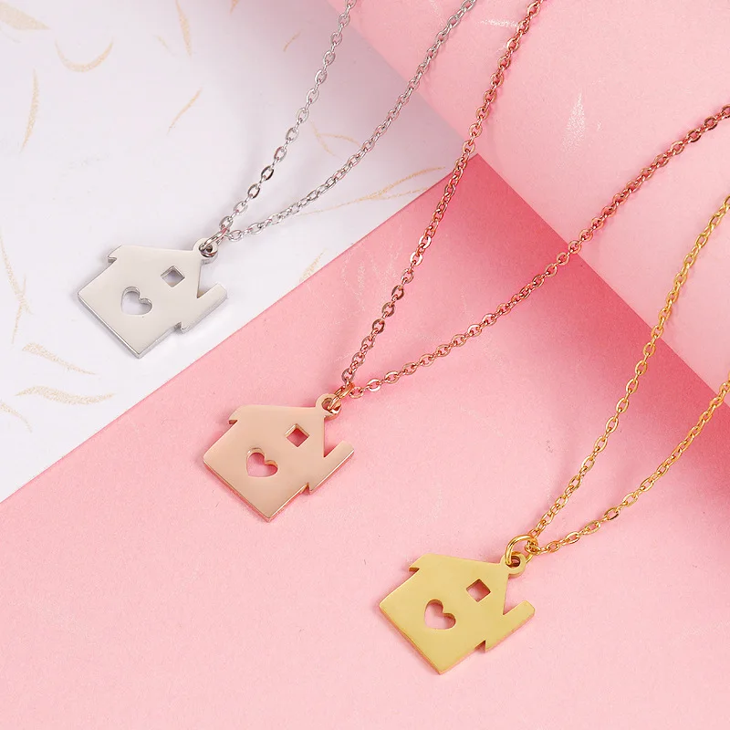 

10Pcs 18*15mm Heart House Pendant Stainless Steel Chain Necklaces For DIY Laser Engrave Custom Making Womens Mens Jewelry Gifts