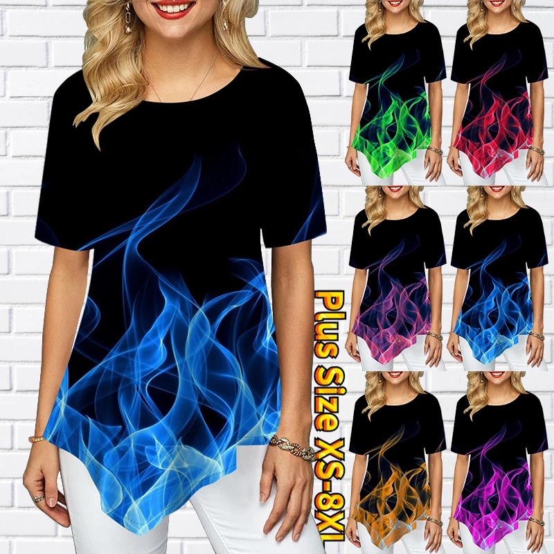 

Female Two-tone Pointed Skirt Swing Short Sleeves Women's T-Shirt Smoke Mist Printed Round Neck Summer Breathable XS-8XL
