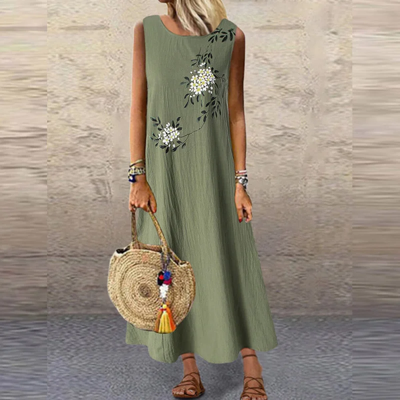 

Women Cotton Linen Vintage Sleeveless Maxi Dresses Bohemia Holiday Beach Plus Size Casual Sundress Femme Vestidos Print Robe