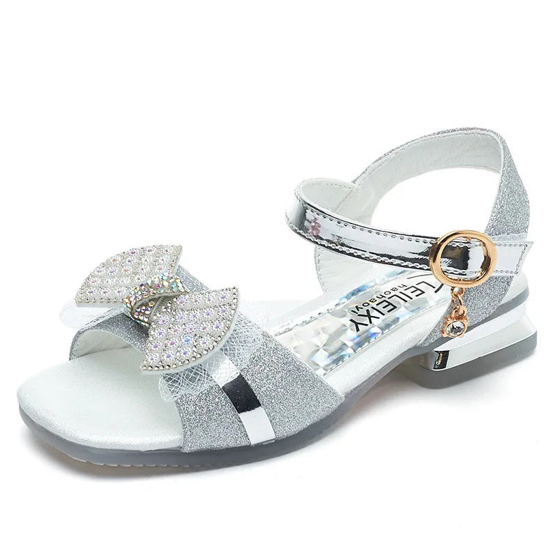 

Silver Shiny Kids Sandals for Party Wedding Catwalk Sweet Princess Bow Rhinestones Open Toe Low Heel Kids Fashion Girls Shoes