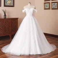 lace train wedding dress for bride aline applique long tulle off shoulder strapless drawstring closure soft small robe vestido