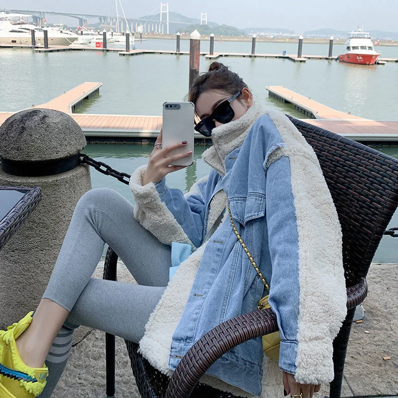 WYBLZ Faux Lamb Wool Patchwork Women's Denim Jacket Stand Collar Coat High Street Winter Thick Warm Splice Chic Jean Jacket Coat