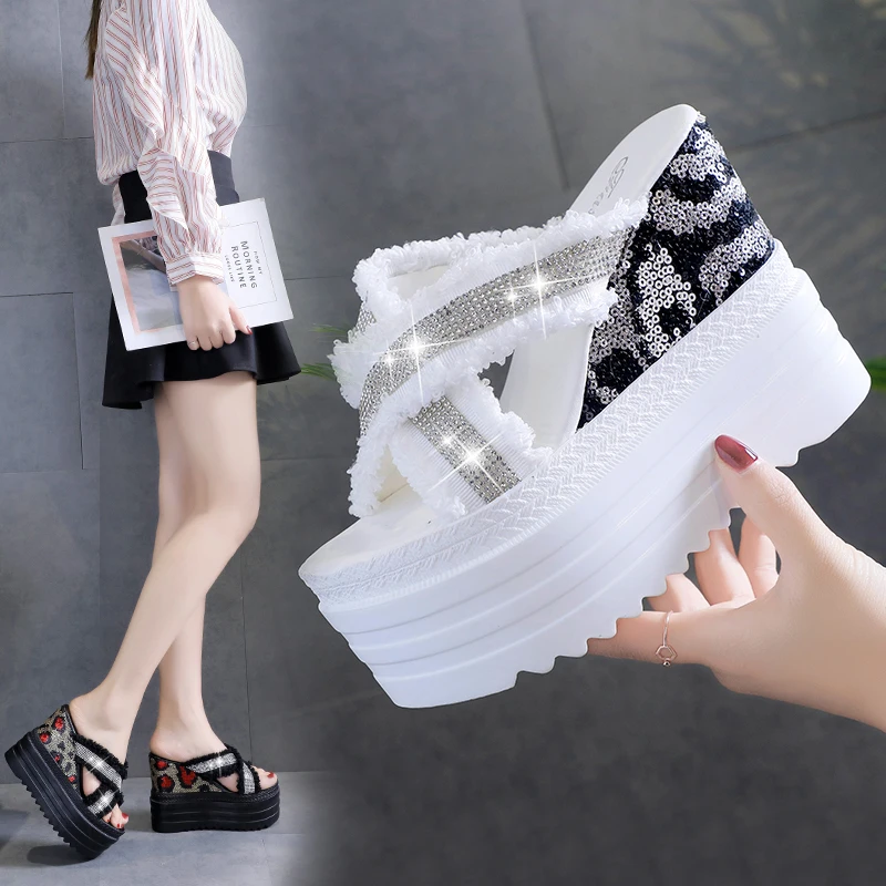 

Shoes Woman 2022 Slippers Soft On A Wedge Platform Peep Toe Heeled Mules Luxury Slides Jelly Flip Flops Comfort Summer High Desi