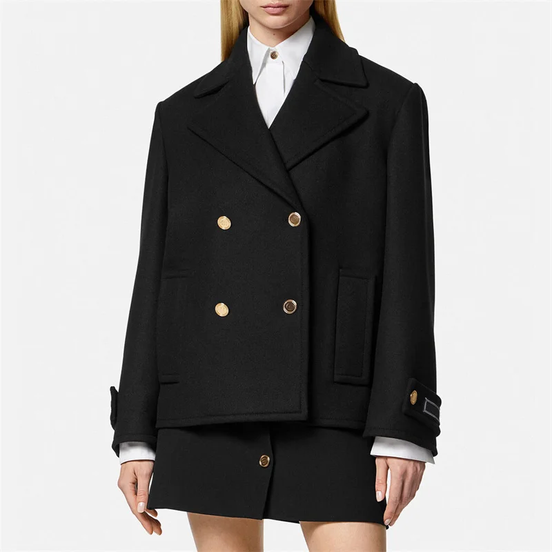 

Куртка женская зимняя двубортная, из шерсти, с отложным воротником и длинным рукавом, y2k