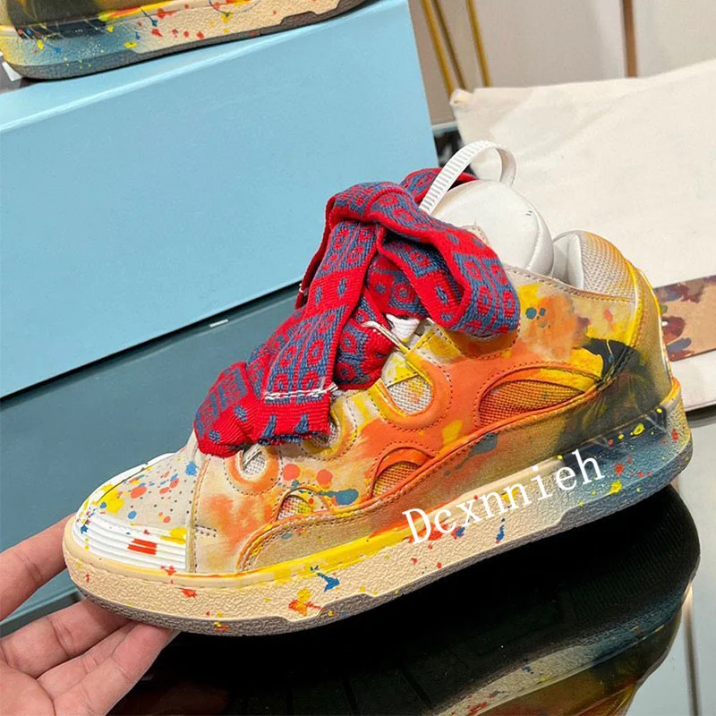 z prawdziwej skóry Graffiti grube podeszwy obuwie mieszane kolory wszechstronne trampki wiosenne oddychające sznurowane płaskie buty unisex