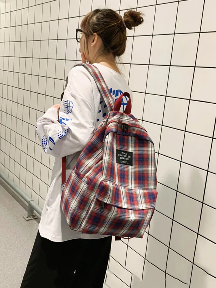 

Fashion Plaid Canvas Women Backpack Large Capacity School Bag College Style Soft Fabric Backpack Japanese Trend Travel Bags