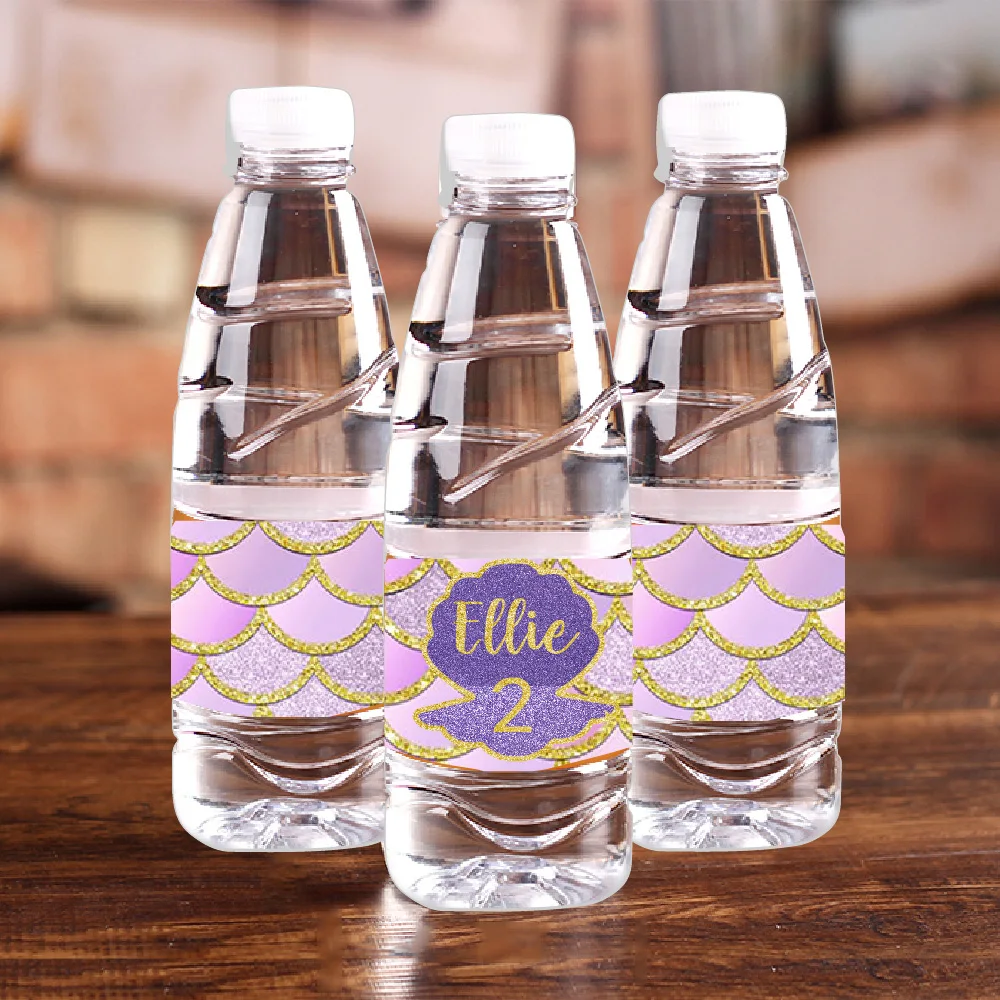 20 Custom Gold Purple Shell Birthday Party Water Bottle Wine Labels Waterproof Candy Bar Wrapper Sticker Baby Shower Decoration | Дом и сад