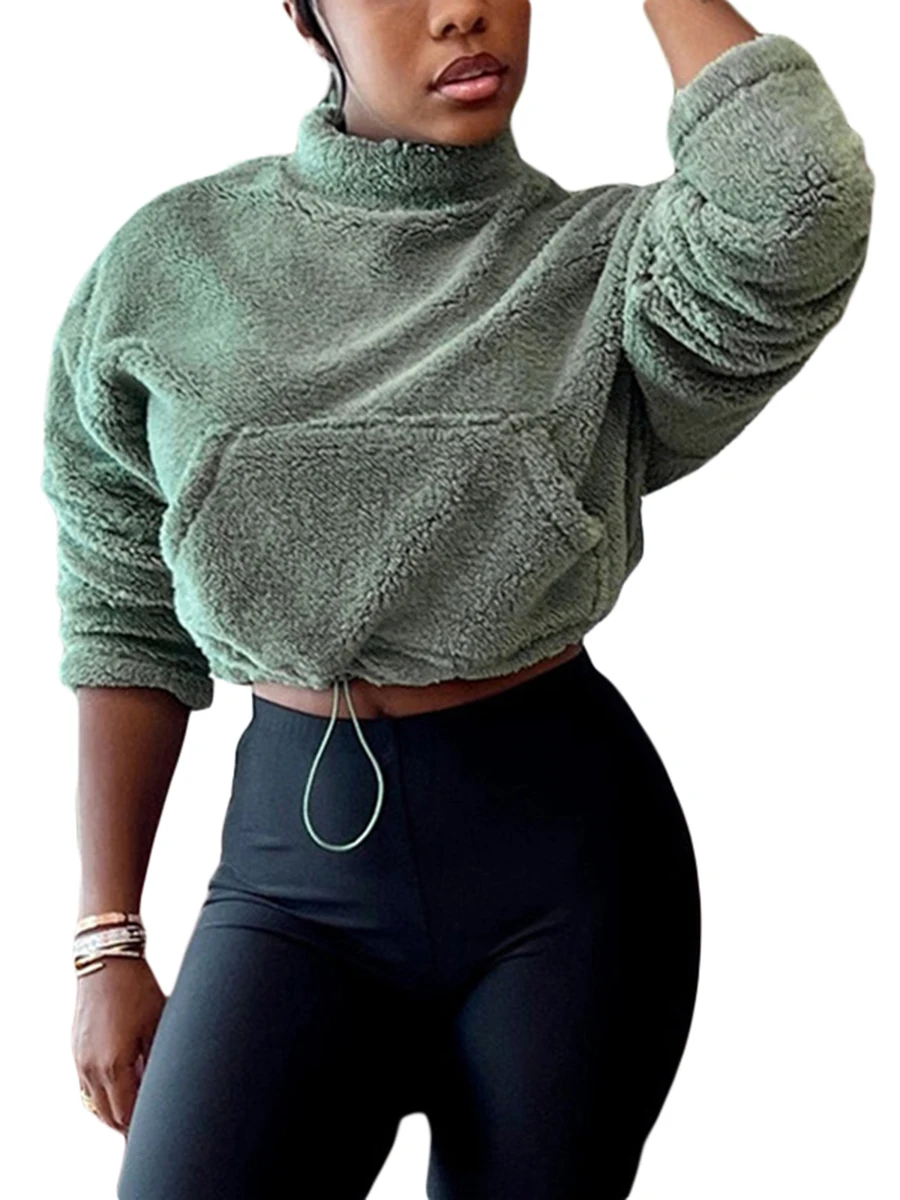 

Женский пушистый флисовый Укороченный свитшот с воротником-стойкой и карманами