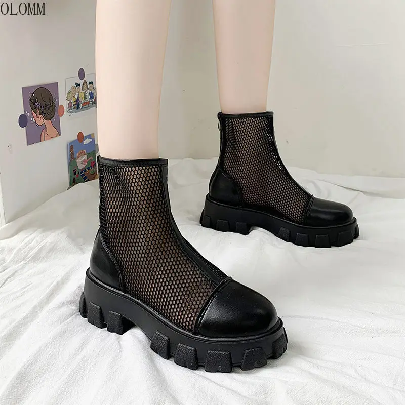 2022 New Ankle Boots, Loose Cake, Thick Heels, Cool Boots, Breathable Mesh Boots, Thick Soles, English Style Martin Boots