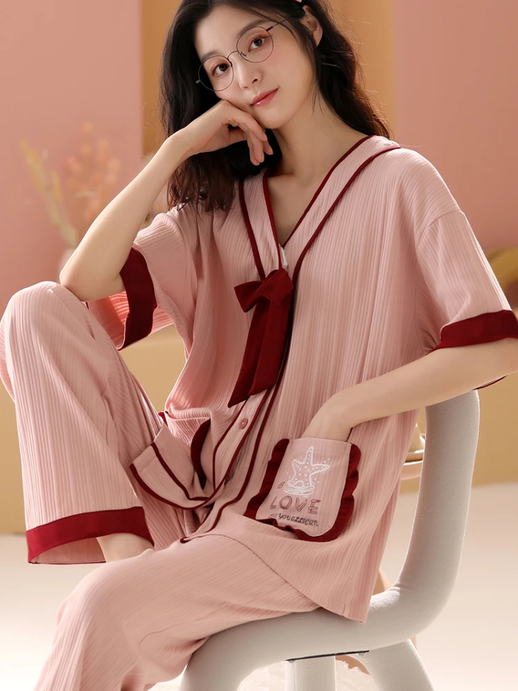 New Summer Autumn Women's Full Cotton Short Sleeve Pajamas Set Loose Leisure Adult Women Sleepwear Set Long Pant Party Pajamas