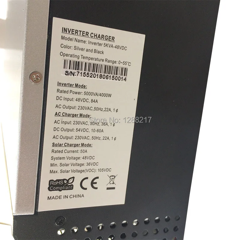 5КВА Гибридный инвертор солнечной энергии чистого синусоидального типа с выходом 220В переменного тока и встроенным ПШИ 48В50А контроллером заряда фотоэлементов с зарядным устройством на 60А переменного тока.