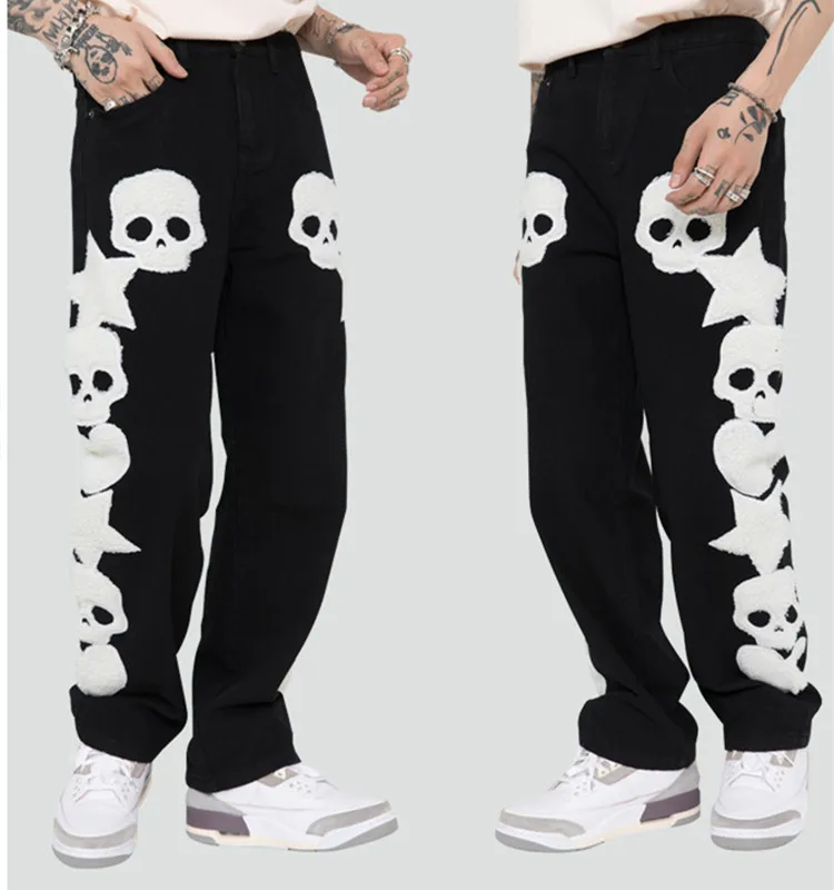 

American street skull towel embroidered hip-hop high street men's and women's denim straight unisex trousers