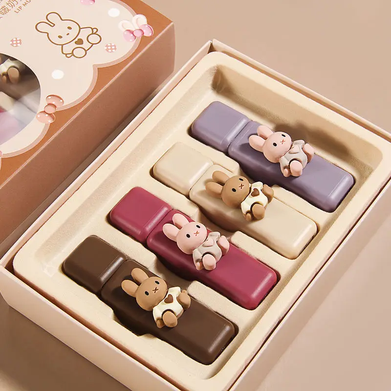 

New 4pcs Hengfang Bobo Milk Rabbit Set Lip Mud Matte Velvet Matte Lipstick Long-lasting White Plain Student Party Girl Heart