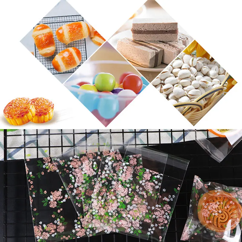 

100Pcs Transparent Candy Cookie Gift Bag with DIY Ziplock Bag Wedding Birthday Party Candy Packaging Bag Rose Print Baking Bag
