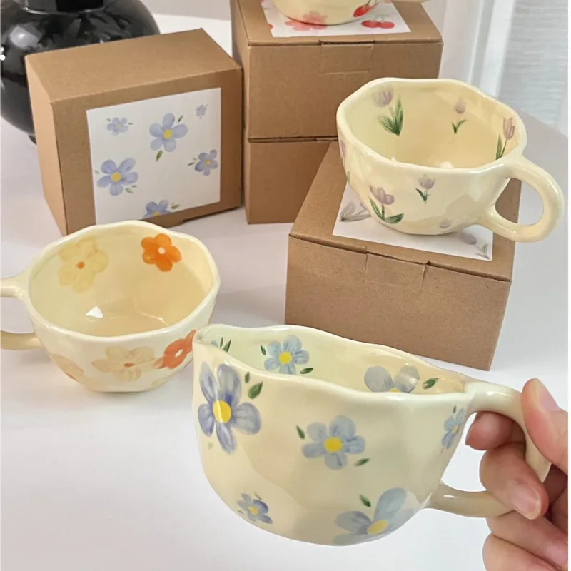 

Ceramic Mugs Coffee Cups Hand Pinched Irregular Flower Milk Tea Cup Ins Korean Style Oatmeal Breakfast Mug Drinkware Kitchen