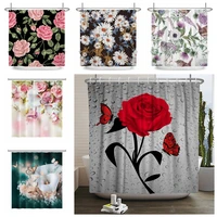 boho floral luxurious shower curtain butterfly rose polyester waterproof shower curtain bathroom bathtud dectoration with hooks