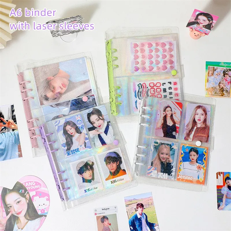 New A6 Binder Glitter Photo Card Holder With Laser Clear Stationery Sticker Collect Book Sleeve Kpop Sticker Organzier Book