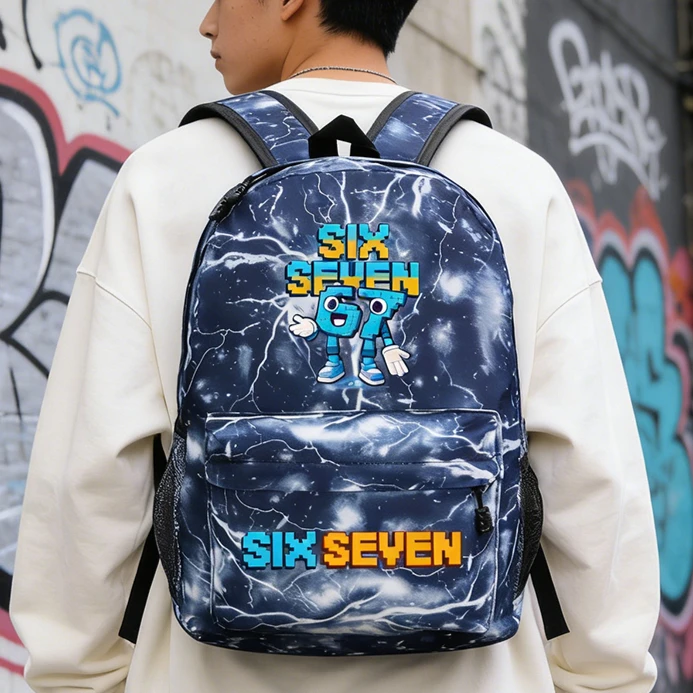 Фото Рюкзак Six Seven, итальянский Brainrot, графический золотой принт, мем, игровая сумка на плечо, модная школьная сумка для девочек и мальчиков с героями мультфильмов №1